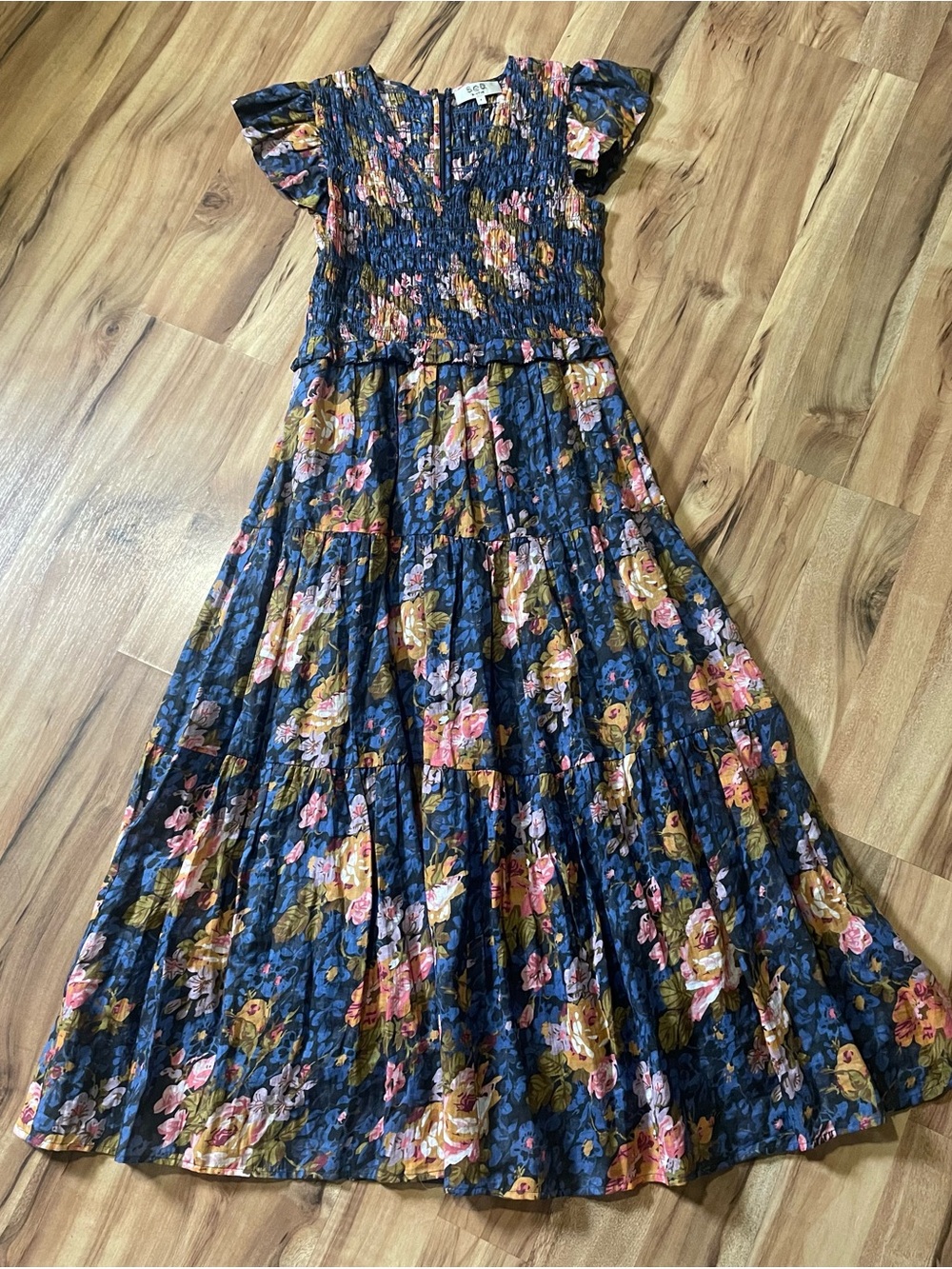 Sea New York Ines Smocked Floral Ramie Midi Dress Ruffle Flutter Sleeve Sz 6